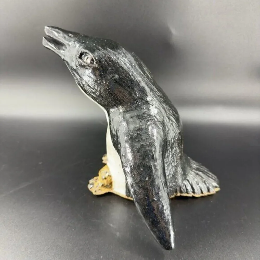 Large Hand Made‎ Pottery Penguin Bird Figurine Stoneware Figure Paperweight VTG